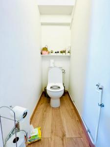 a bathroom with a toilet and a wooden floor at VILLA GIULIA 4-star 5min CDG Airport - 20min Disney in Gressy +26 photos