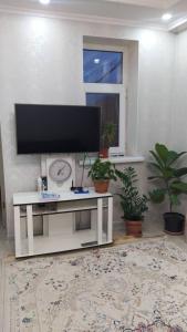 ein Wohnzimmer mit einem Flachbild-TV und Pflanzen in der Unterkunft Hotel "Тихий Дом Трансфер" in Bischkek