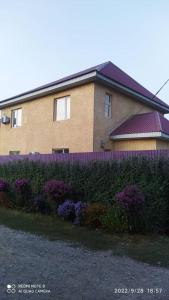 ein Haus mit einem Zaun und lila Blumen davor in der Unterkunft Hotel "Тихий Дом Трансфер" in Bischkek