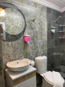 a bathroom with a sink and a toilet and a mirror at garden alis hotel in Fethiye