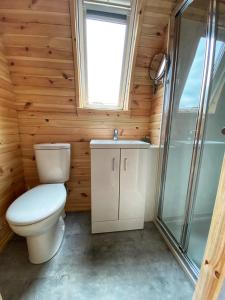 a bathroom with a toilet and a sink and a window at Tarbert Holiday Park in Tarbert