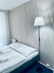 1 dormitorio con 1 cama con lámpara y pared en Apartmány Bryksova en Praga