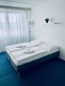 uma cama num quarto com uma janela em Apartmány Bryksova em Praga