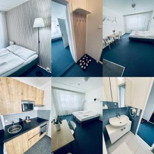 a collage of four pictures of a hotel room at Apartmány Bryksova in Prague