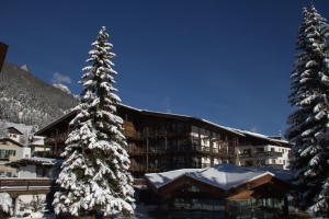 a ski lodge with snow covered trees in front of it at Hotel Trento in Pozza di Fassa