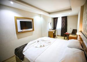 イスケンデルンにあるBayazıt Hotelのベッドとテレビが備わるホテルルームです。