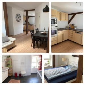a collage of pictures of a kitchen and a dining room at Ferienwohnung am Jahnteich in Weißwasser