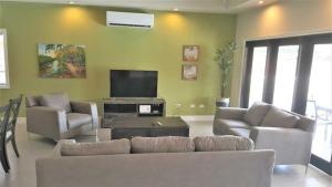 a living room with a couch and chairs and a flat screen tv at Sea Glass Villa Tobago in Golden Grove
