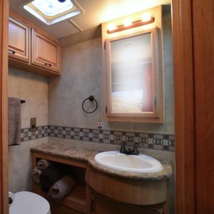 W łazience znajduje się umywalka i lustro. w obiekcie Luxury American RV with Hot Tub w mieście West Chiltington