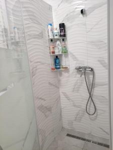 baño con ducha y estante en la pared en Sára Apartman Nyíregyháza, en Nyíregyháza