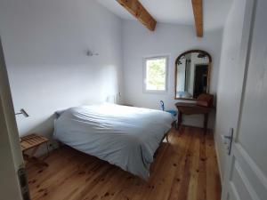 a bedroom with a white bed and a mirror at Maison Couquets Bauduen in Bauduen