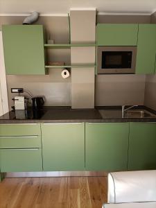 La cuisine est équipée de placards verts et d'un four micro-ondes. dans l'établissement Rock n Rome - Colosseo - Via Leonina, à Rome
