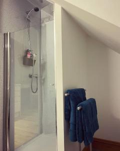 a bathroom with a glass shower with blue towels at The Loft - beautiful countryside apartment in Cullompton