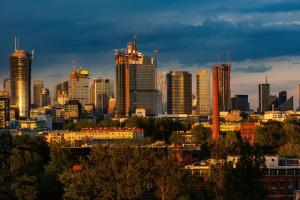 a view of a city skyline with tall buildings at Warsaw Prymasa Tysiąclecia Business Centre by Renters in Warsaw