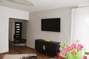 a living room with a flat screen tv on a wall at Golden Apartament Legionów in Toruń