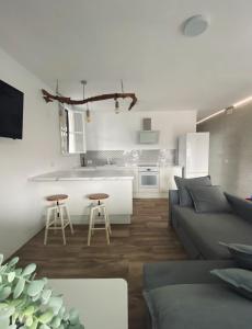 Una sala de estar con un sofá y una cocina. en Casa “Doña Gloria”, en Los Llanos de Aridane