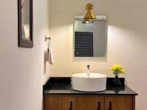 a bathroom with a sink and a mirror at Adrak Mountain Mist Forest Resort in Pulpally +48 photos