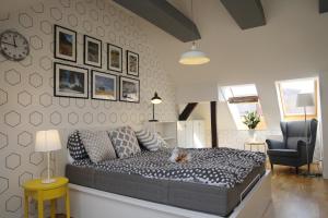 a bedroom with a bed with a cat laying on it at Serce miasta -Mostowa Bydgoszcz in Bydgoszcz