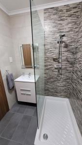 a bathroom with a shower and a sink at Lovely Apartment with Side Sea View in St Paul's Bay