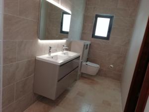 La salle de bains est pourvue d'un lavabo, de toilettes et d'un miroir. dans l'établissement Loarive, à Saint-Gilles les Bains