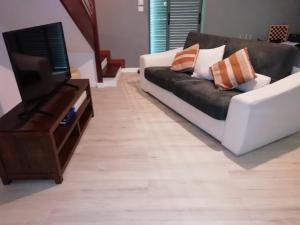 a living room with a couch and a tv at Loarive in Saint-Gilles les Bains