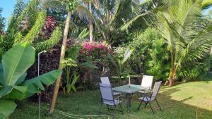 einen Tisch und Stühle in einem Garten mit Palmen in der Unterkunft Loarive in Saint-Gilles-les-Bains