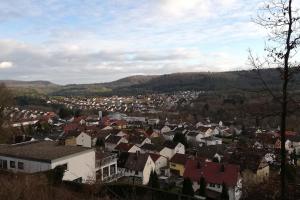 a view of a town with houses and mountains at Felsenblick in Rodalben