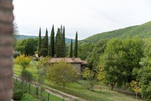 een huis in een veld met bomen en een hek bij Casale Falco Grande in Chiusi della Verna