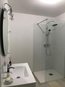 a white bathroom with a shower and a sink at Casa do Reguengo 1 in Estremoz