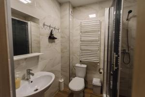 a bathroom with a toilet and a sink and a shower at Brooklyn 2 in Yablunytsya