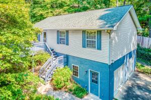 an aerial view of a blue and white house at Pelican's Perch in Waynesville