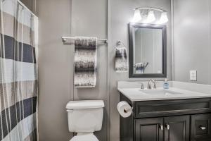a bathroom with a toilet and a sink and a mirror at Pelican's Perch in Waynesville +19 photos