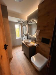 a bathroom with a sink and a toilet and a mirror at Apartamenty i Chata Drewno i Kamień in Wetlina