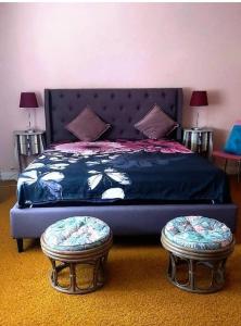 a bedroom with a bed with two ottomans and two tables at Grain de blé Location in Toury