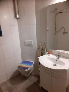 a white bathroom with a toilet and a sink at Bauernhof Gästezimmer Etagenbetten Gemeinschaftsbad in Hausbreitenbach