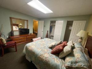 una camera da letto con letto, cuscini e TV di Colonial Brick Inn & Suites a Susquehanna