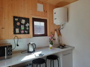a kitchen with a counter with stools and a microwave at Tiny House Kazbegi in Kazbegi