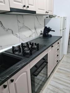 a kitchen with a black stove top oven next to a refrigerator at Bucovina Cazare in Câmpulung Moldovenesc