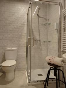 a bathroom with a toilet and a glass shower at Casa rural El Forn d'Alcudia de Veo in Alcudia de Veo