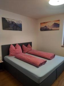 HollenzenにあるGroßzügiges Apartment Georg Mayrhofen Barrierefreiの赤い枕3つ(1部屋のベッドの上)