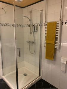 a shower in a bathroom with a glass shower stall at By Goselink in Alkmaar