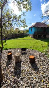 a garden with three logs and a fire pit at La Casuta in Fieni