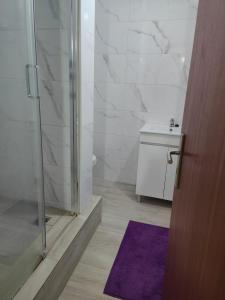 a bathroom with a shower and a purple rug at CIH - Constituição Invicta Home in Porto