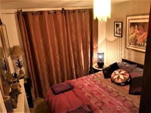 a bedroom with a bed and curtains and a lamp at 1 Dbl Bed Ground Floor Modern Oriental Flat Greenwich Park in London