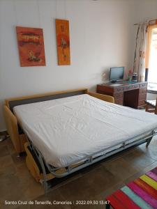 Ce lit se trouve dans un dortoir doté d'un bureau et d'un cadre de lit. dans l'établissement Schöne Wohnung in Puerto de la Cruz mit Garten., à Puerto de la Cruz