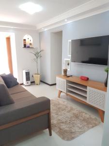 ein Wohnzimmer mit einem Sofa und einem Flachbild-TV in der Unterkunft Lindo e aconchegante apt para até 04 pessoas in Gama