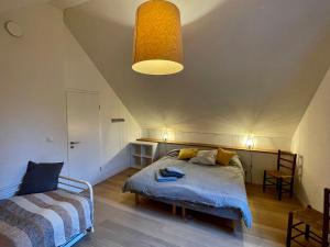 - une chambre avec un lit et un grand éclairage dans l'établissement Ecologis Hamoir, à Hamoir