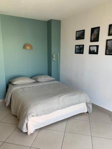 a bedroom with a large bed in a blue wall at Joli Studio proche quartier Timone Climatisé in Marseille