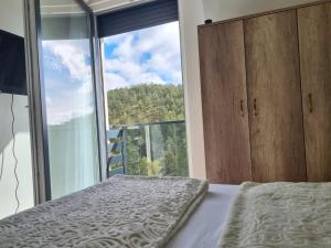 um quarto com uma cama e uma janela grande em Apartmani Ćirić Divčibare em Divčibare