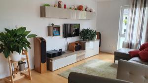 ein Wohnzimmer mit einem TV und einem Sofa in der Unterkunft moderne 4 Zimmer -Wohnung I BBQ I Parkplatz in München